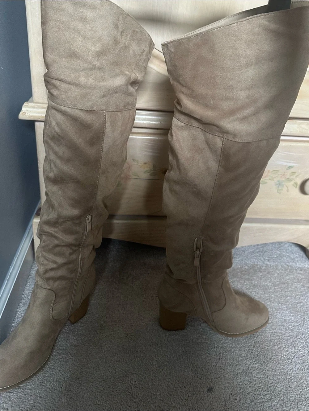 Over-the-Knee Taupe Suede-Look Boots with Block Heel